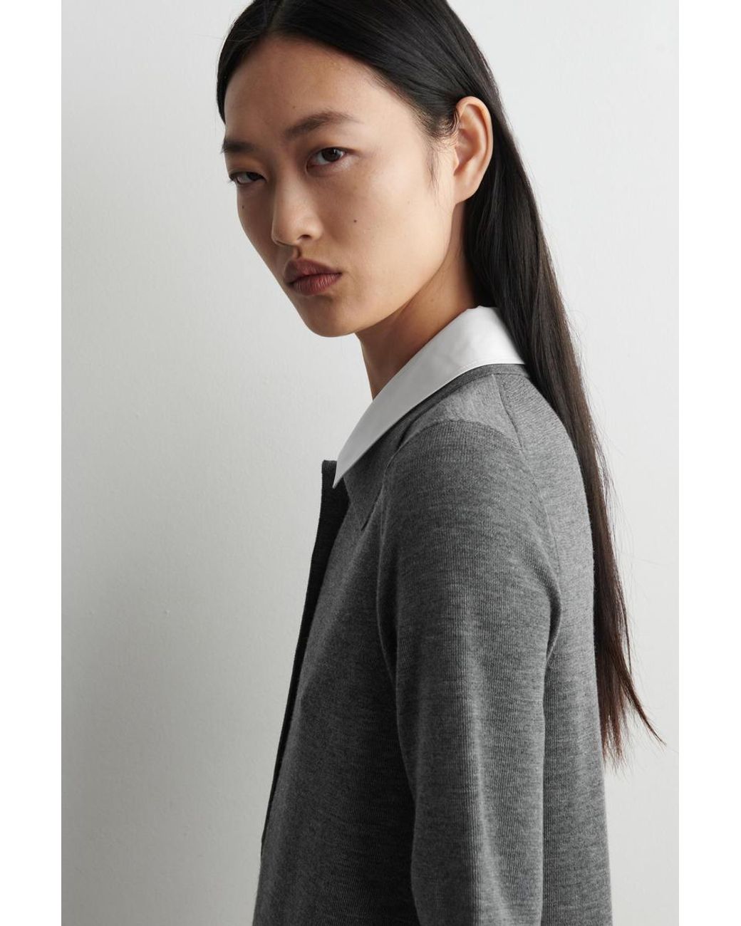 COS Gray Layered-Collar Merino Wool Mini Dress