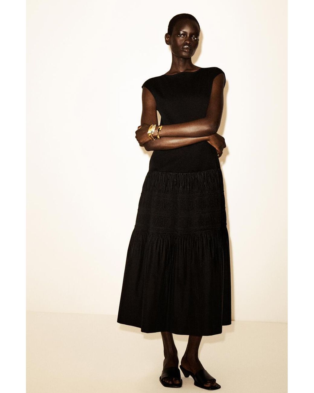 COS Black Tiered Gathered Midi Dress