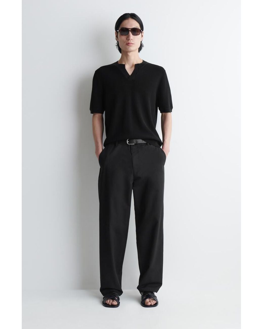 COS Black Open-Collar Henley T-Shirt for men