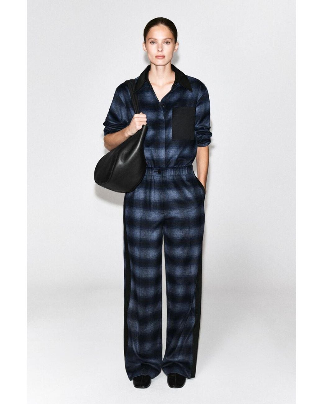 COS Blue Satin-Detail Checked Wool-Blend Trousers