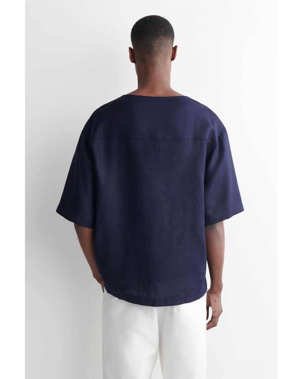 COS Blue Boat-Neck Linen T-Shirt for men