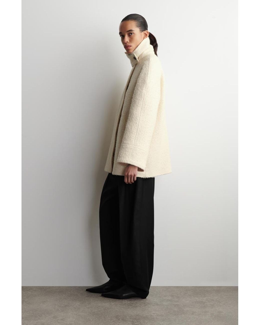 COS Natural Funnel-Neck Wool-Herringbone Short Coat