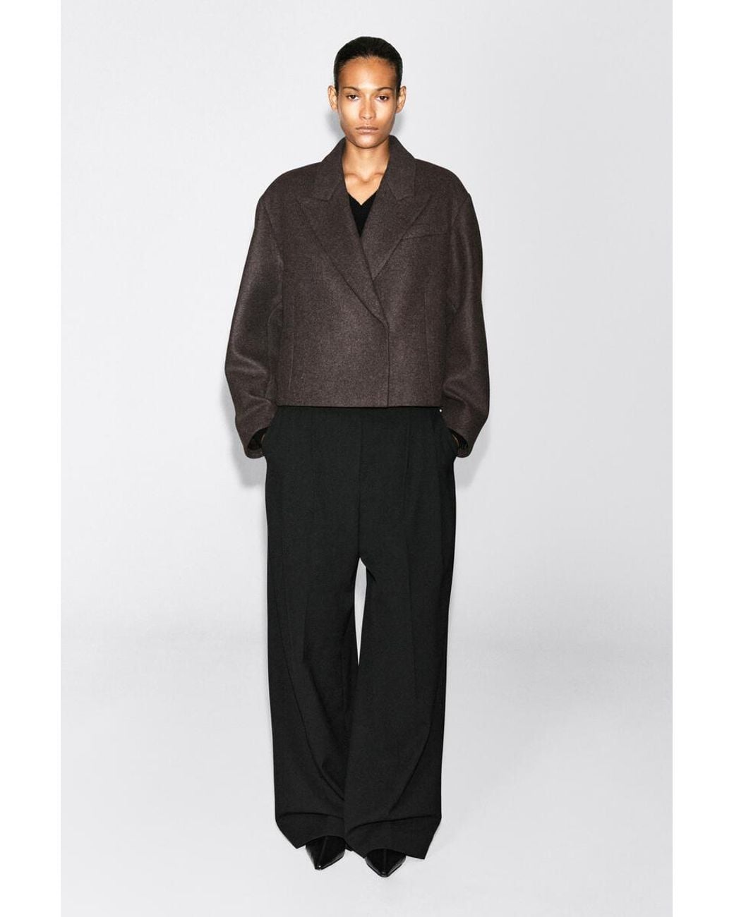 COS Brown Oversized Cropped Boiled Wool-Blend Blazer