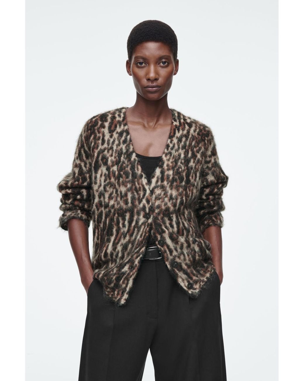 COS Leopard-jacquard Mohair-blend Cardigan in Brown | Lyst