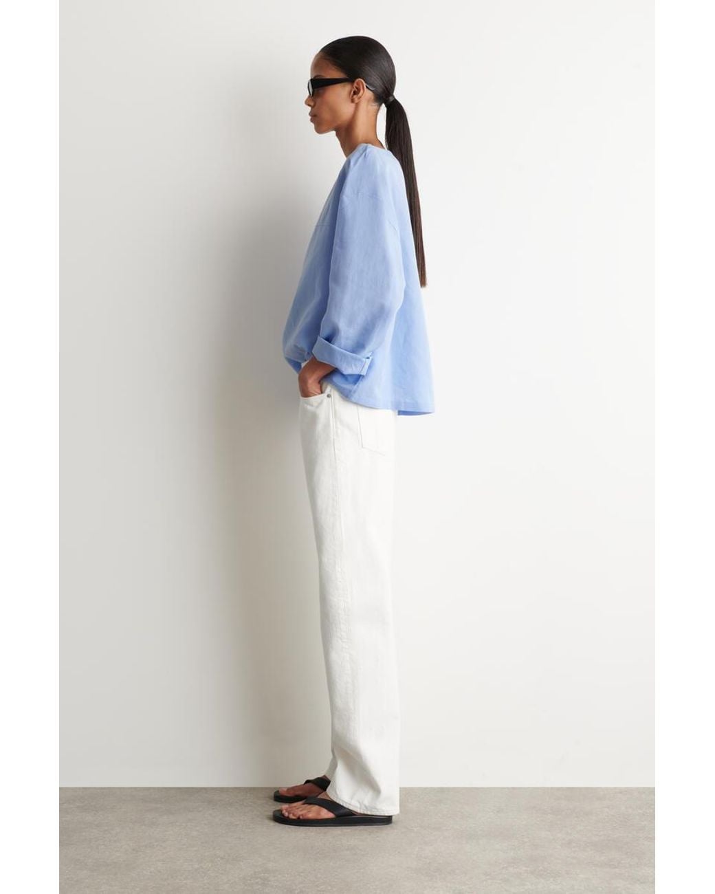 COS Blue Boat-Neck Linen Blouse