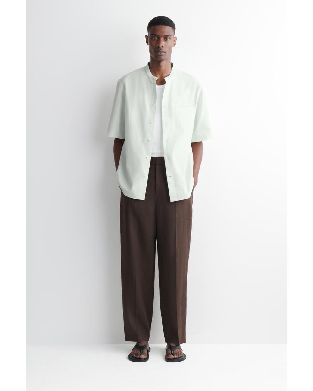 COS White Cotton-Poplin Grandad-Collar Shirt for men