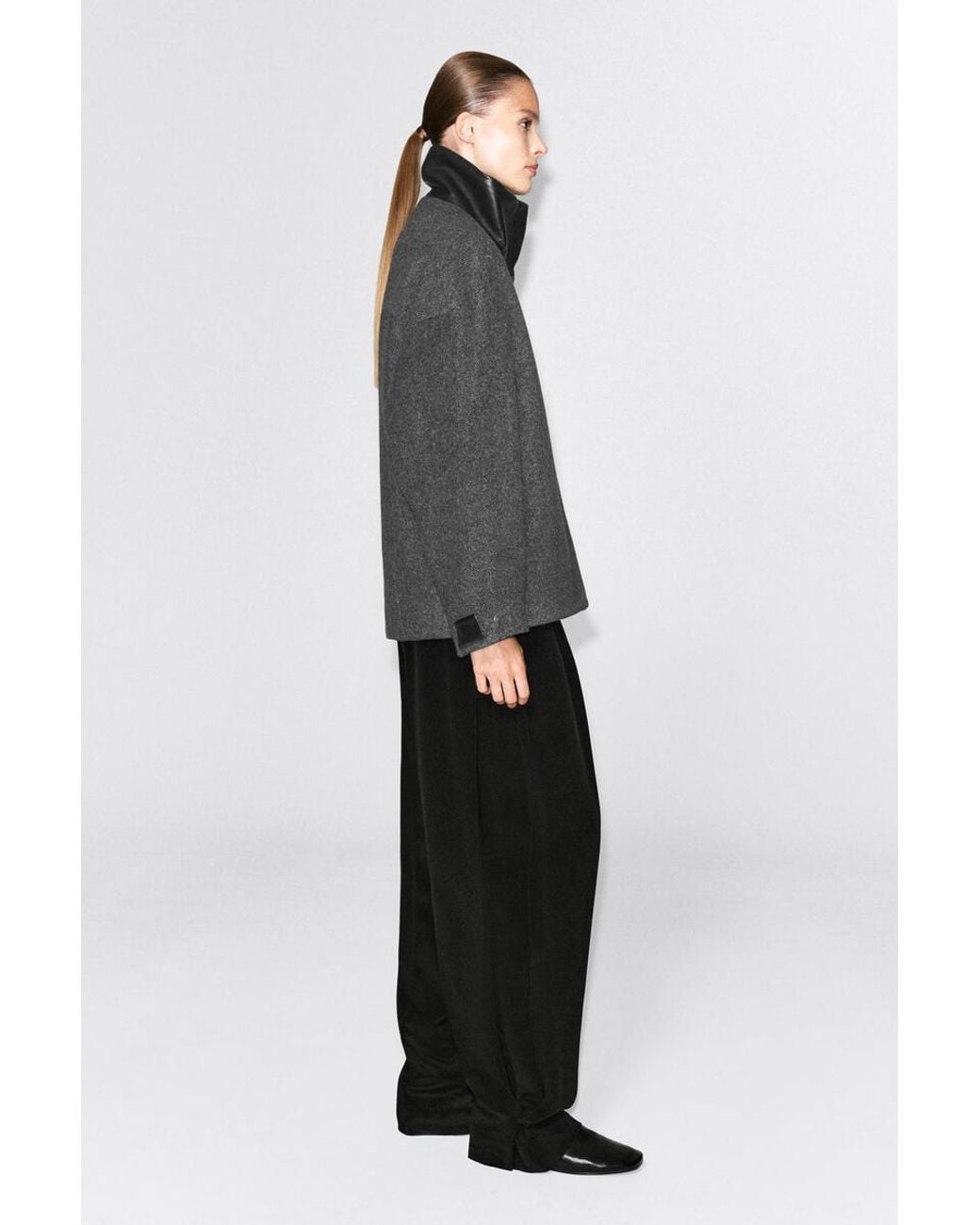 COS Black Oversized Leather-Collar Wool-Herringbone Jacket