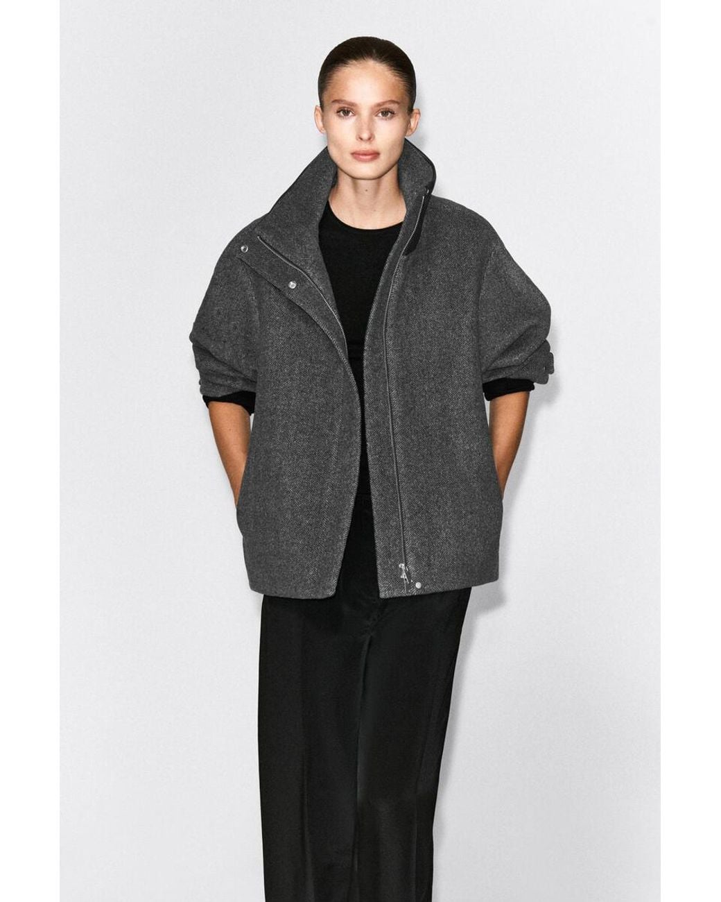 COS Black Oversized Leather-Collar Wool-Herringbone Jacket