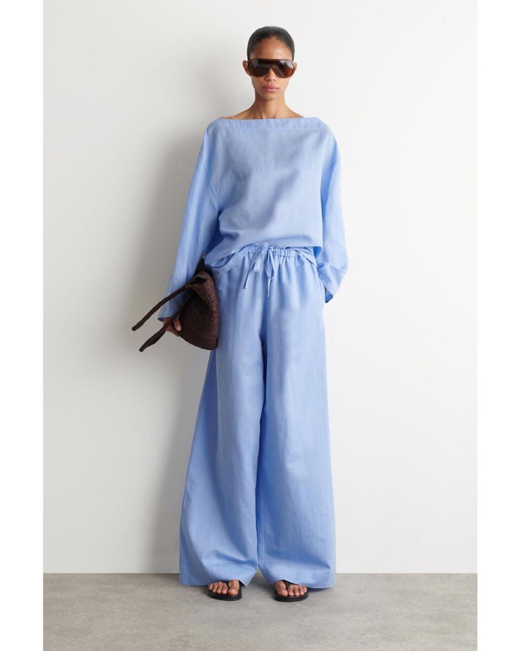 COS Blue Boat-Neck Linen Blouse