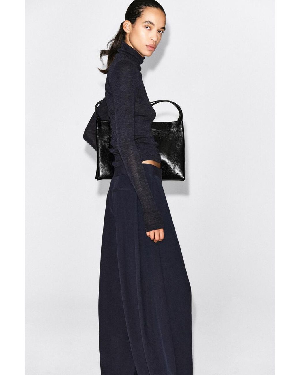 COS Blue Fluid Topstitched Barrel-Leg Trousers