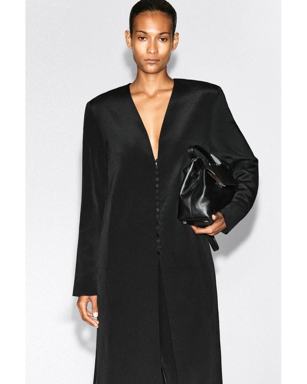 COS Black Button-Detail Silk-Crepe Long Coat
