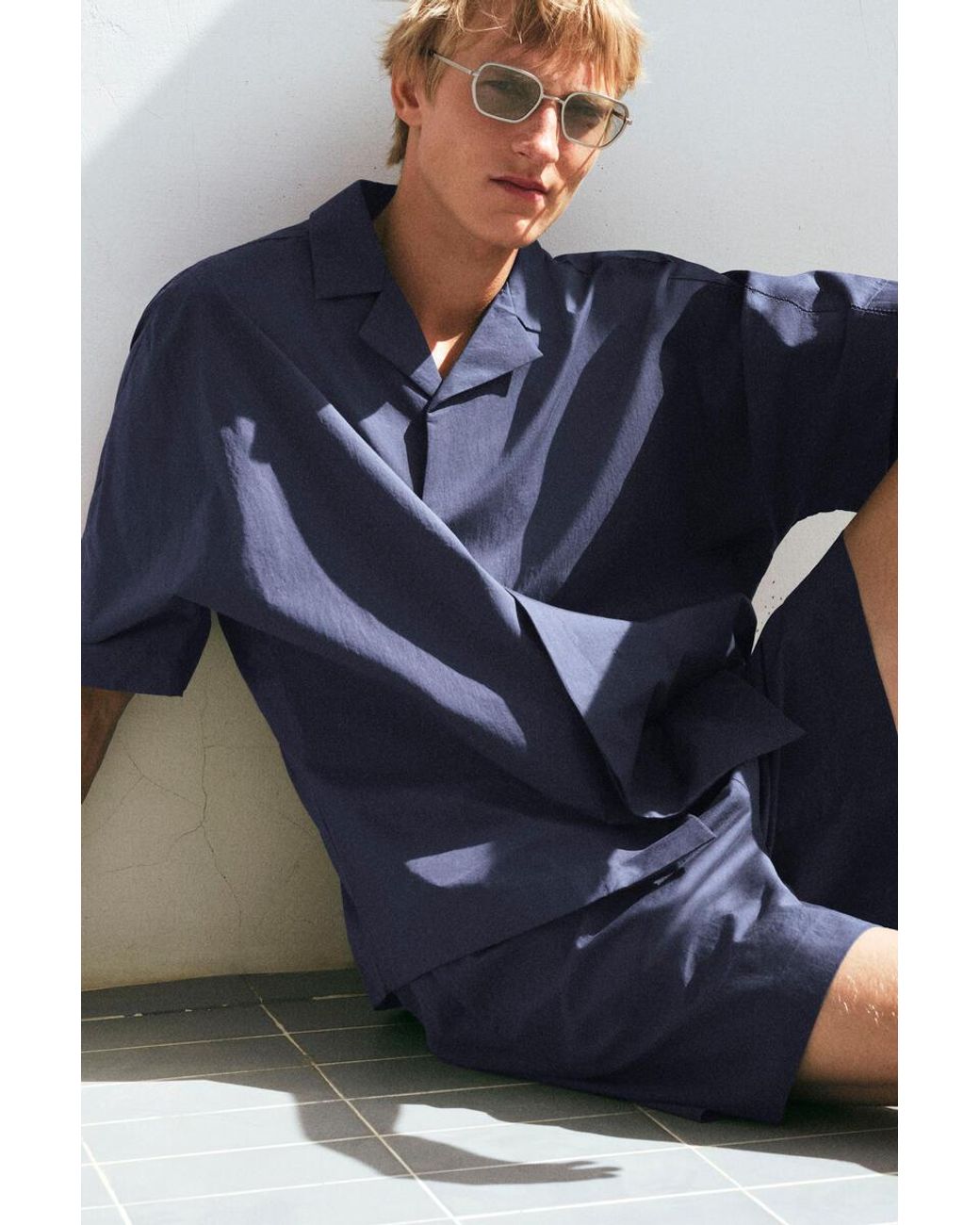 COS Blue Embroidered Camp-Collar Pima Cotton Shirt for men