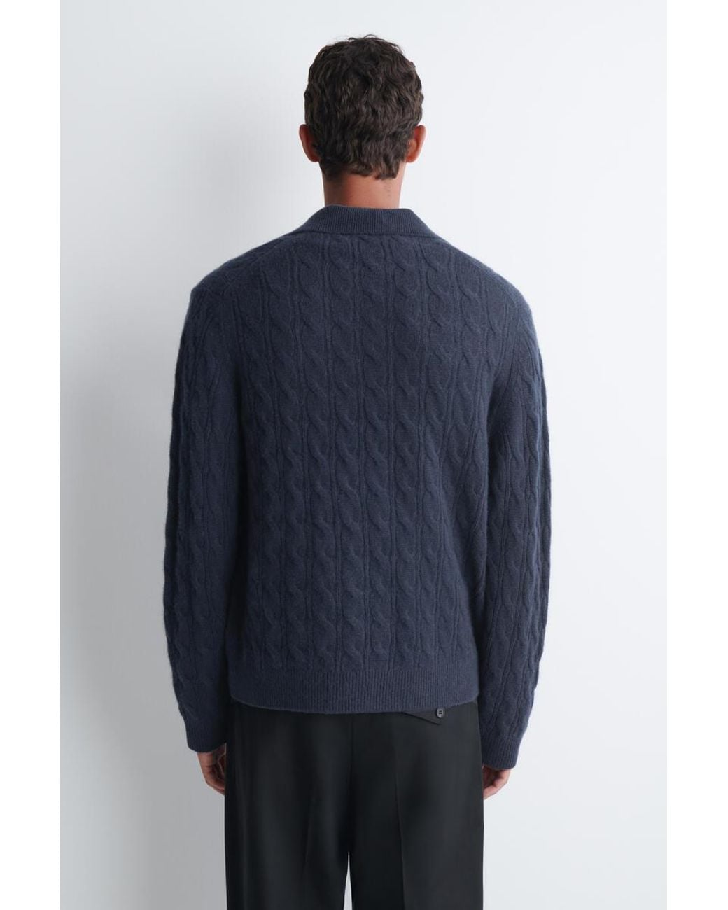 COS Blue Cable-Knit Pure Cashmere Polo Sweater for men