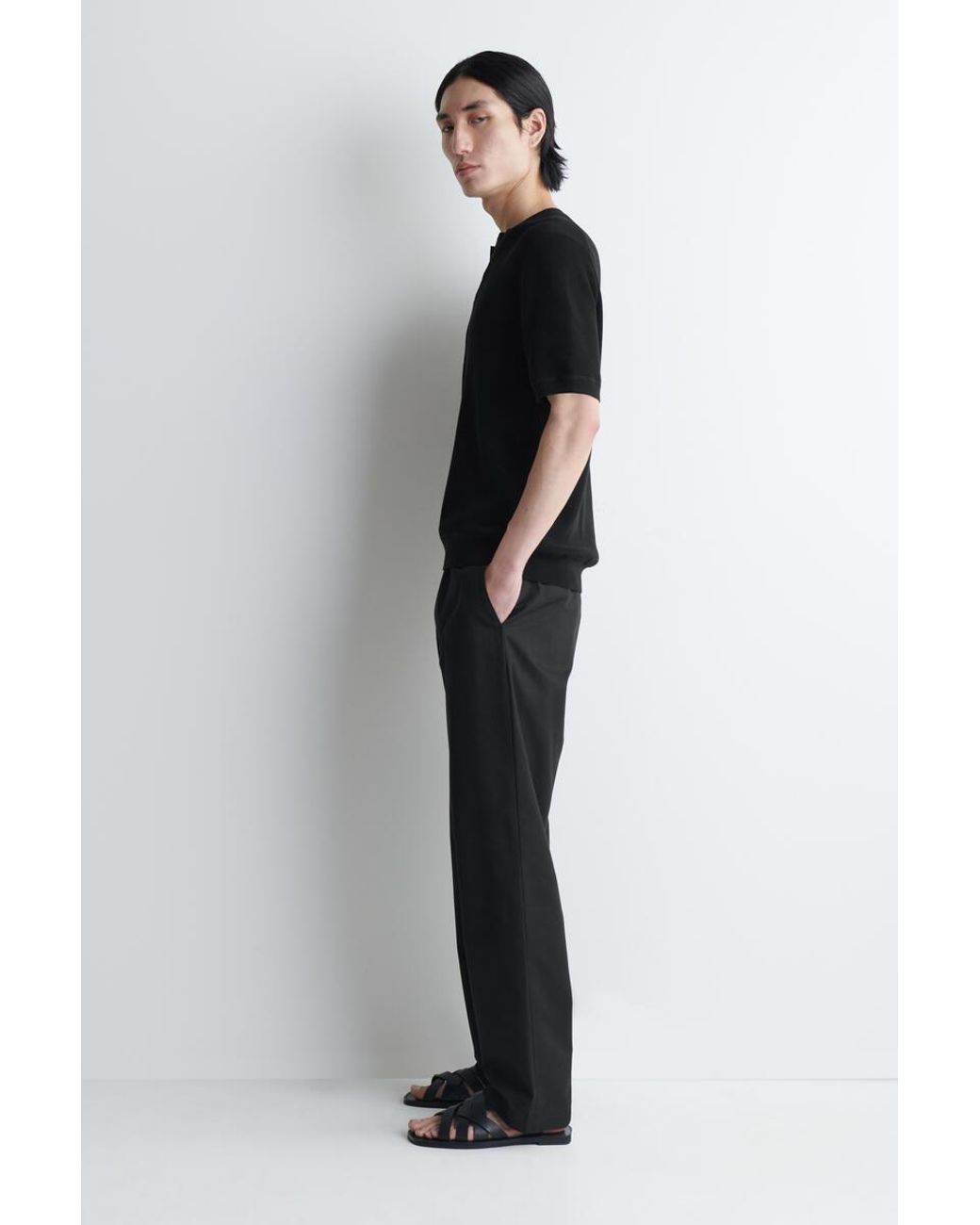 COS Black Open-Collar Henley T-Shirt for men
