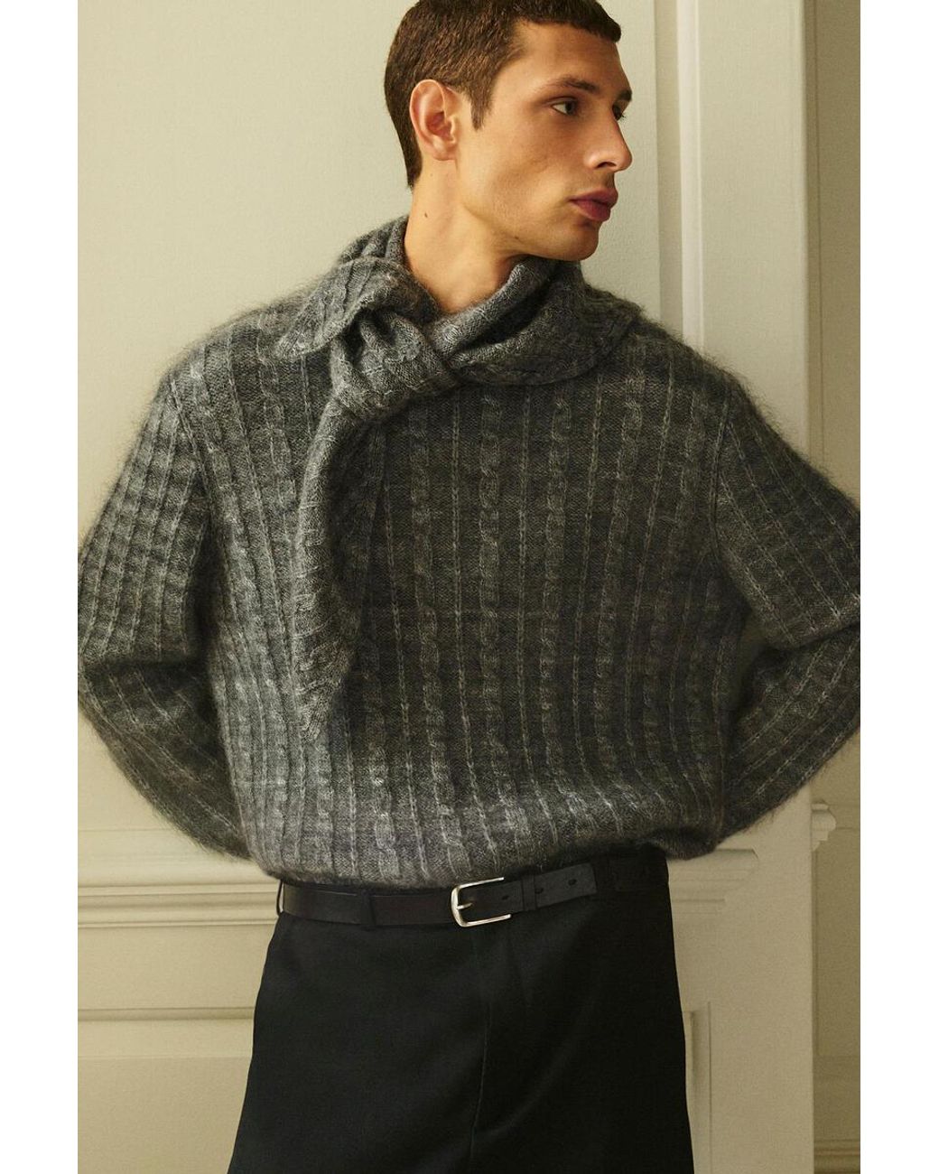 COS Gray Cable-Knit Sweater for men