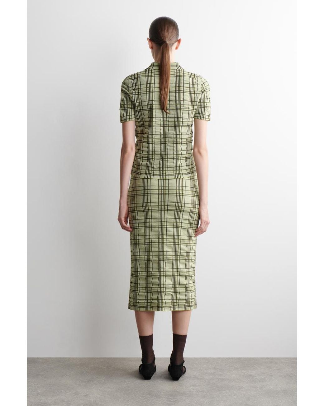 COS Green Checked Cotton-Jacquard Midi Skirt