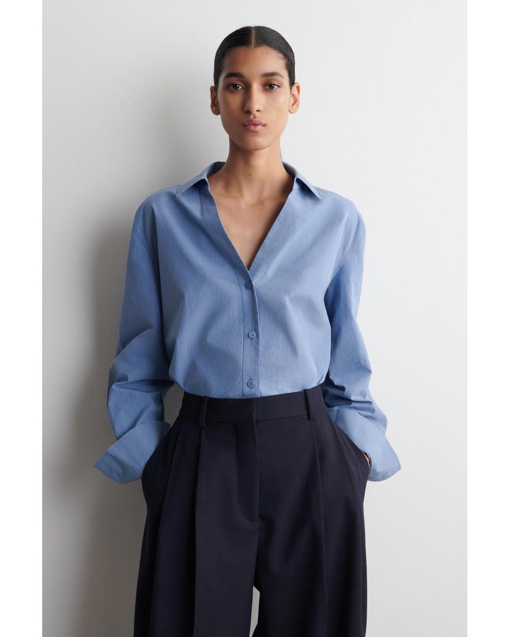 COS Blue Open-Collar Cotton-Poplin Shirt