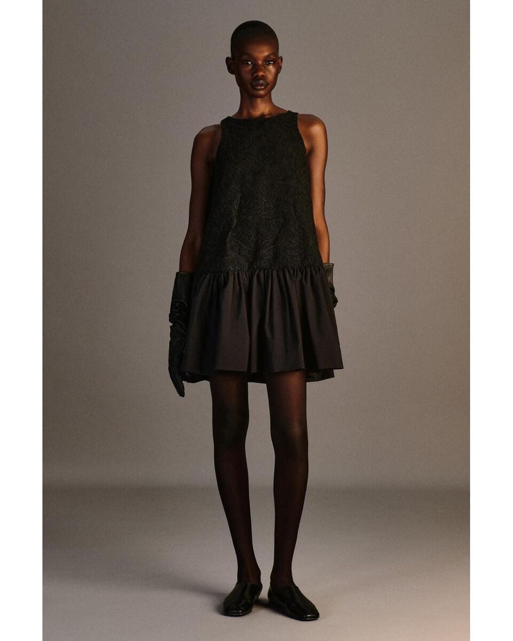 COS Black Embroidered Mesh Dropped-Waist Midi Dress