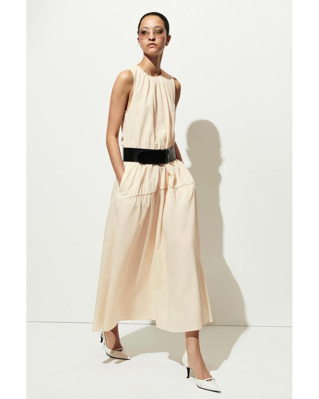 COS White Gathered Tiered Cotton Maxi Dress