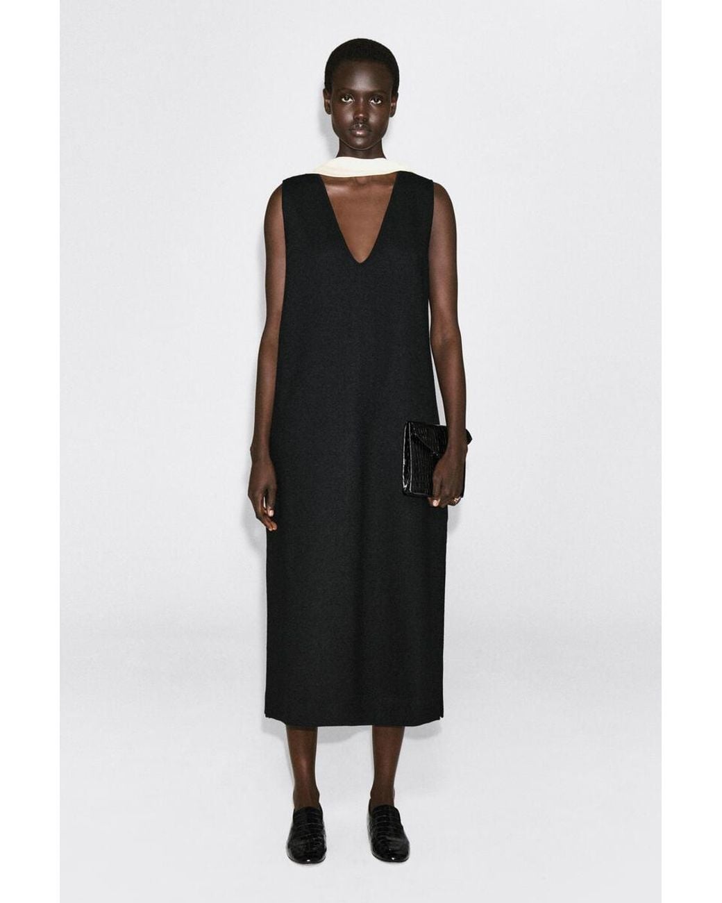 COS Black Boiled Wool-Blend V-Neck Midi Dress