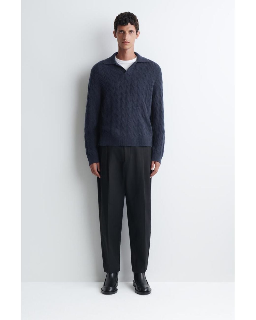 COS Blue Cable-Knit Pure Cashmere Polo Sweater for men