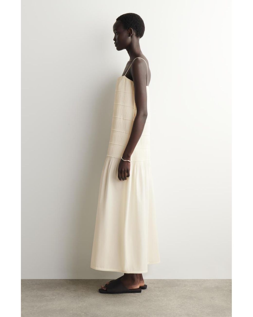 COS White Ruched Dropped-Waist Poplin Midi Dress