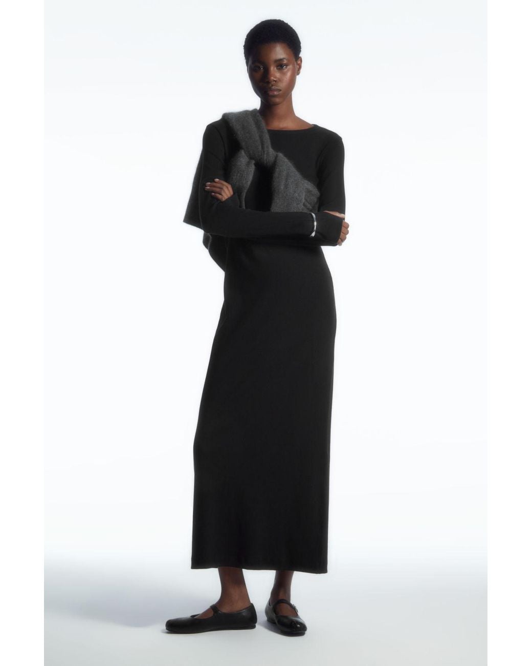 COS Ribbed Long-sleeved Midi Dress in Black | Lyst