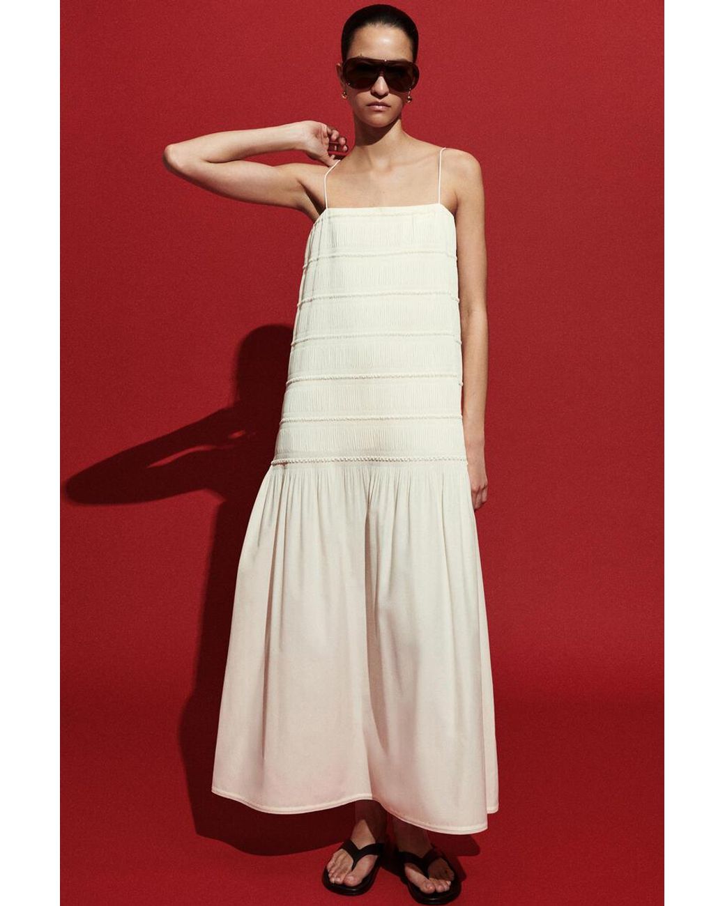 COS White Ruched Dropped-Waist Poplin Midi Dress