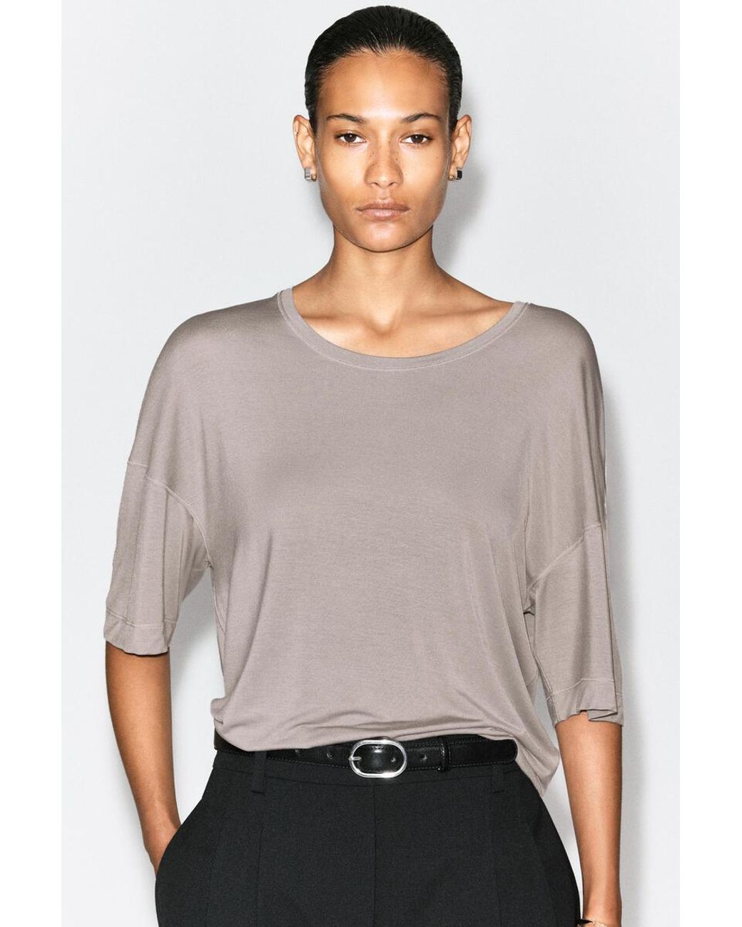 COS Gray Fluid Modal Scoop-Neck T-Shirt