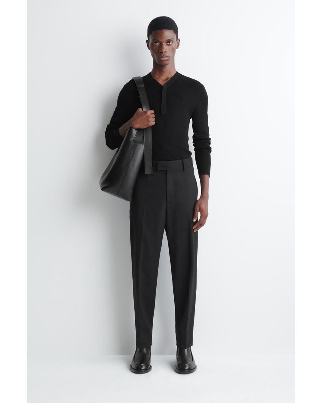 COS Black Wool Regular-Fit Tapered Trousers for men