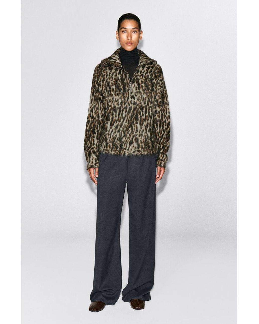 COS Brown Leopard-Jacquard Zip-Up Jumper