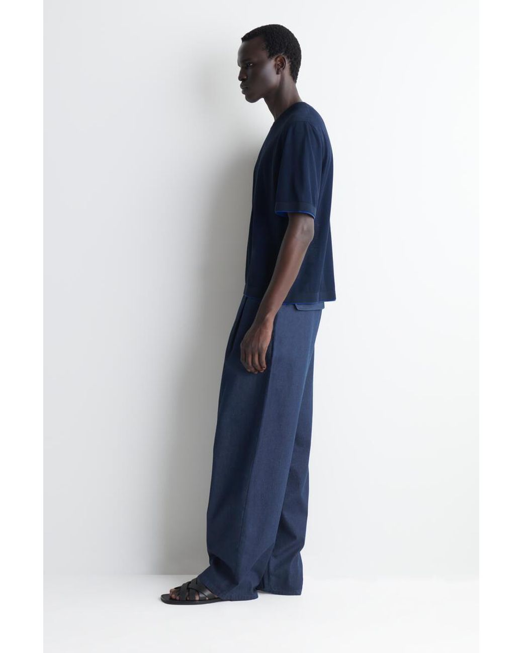 COS Blue Layered Knitted Cotton T-Shirt for men