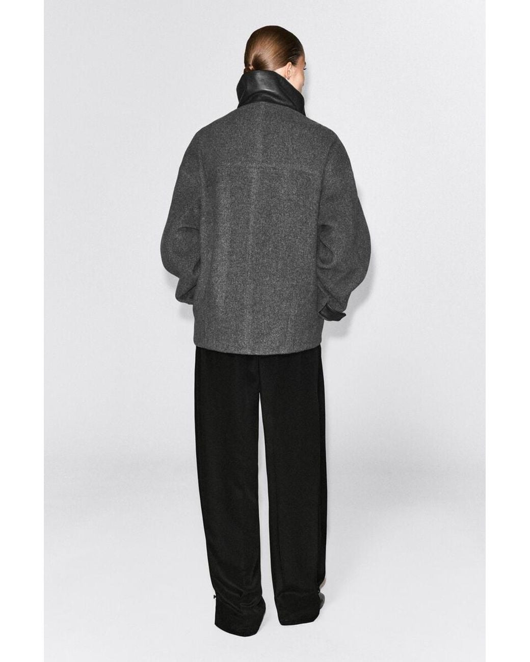 COS Black Oversized Leather-Collar Wool-Herringbone Jacket