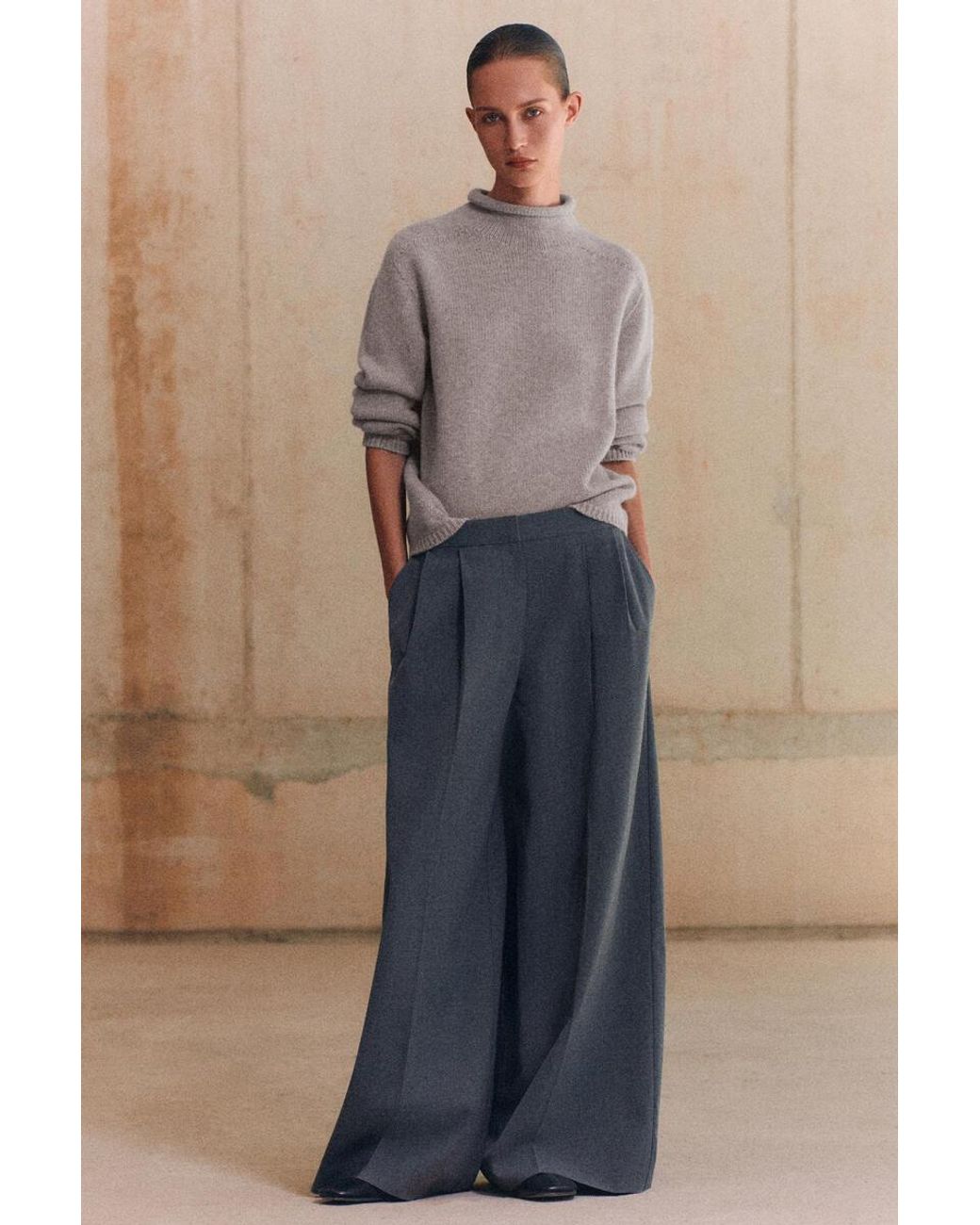 COS Gray Pure Cashmere Funnel-Neck Sweater