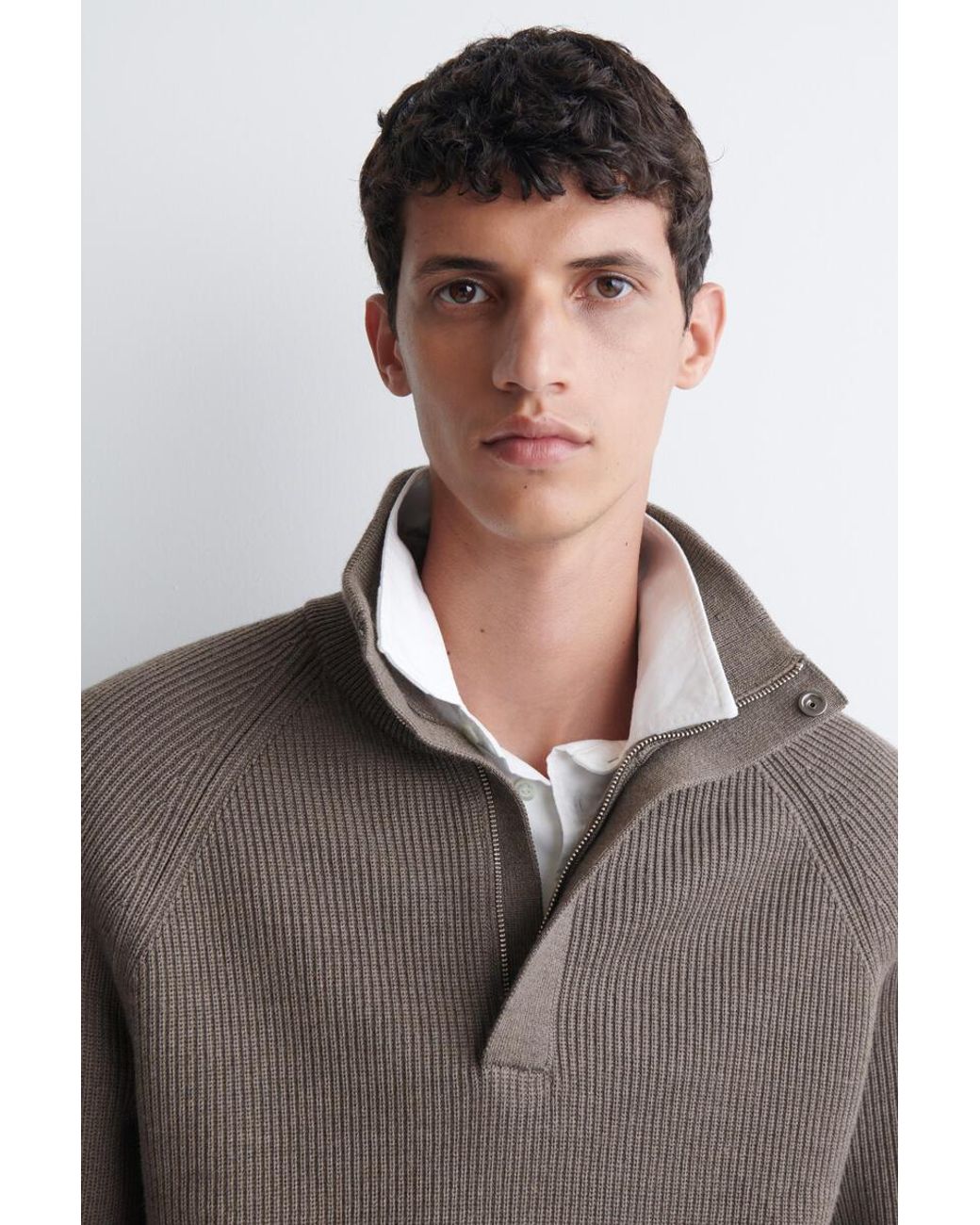COS Brown Ribbed Wool Half-Zip Sweater for men
