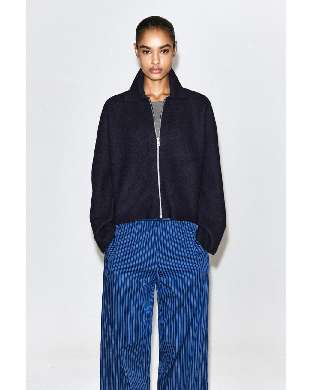 COS Blue Sculpted Merino Wool Zip-Up Jacket