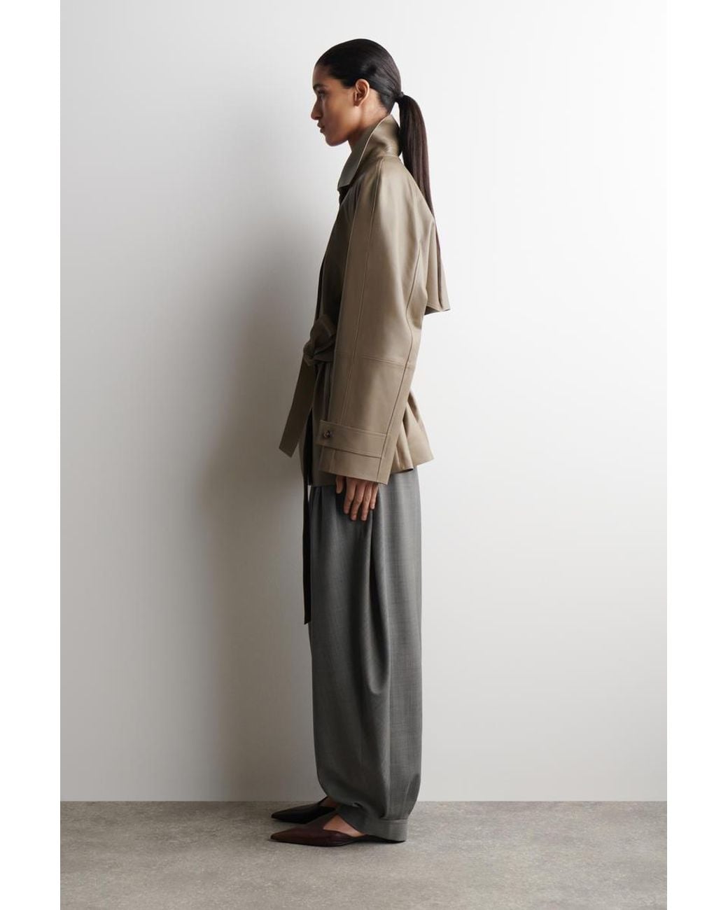 COS Natural Funnel-Neck Leather Short Trench Jacket