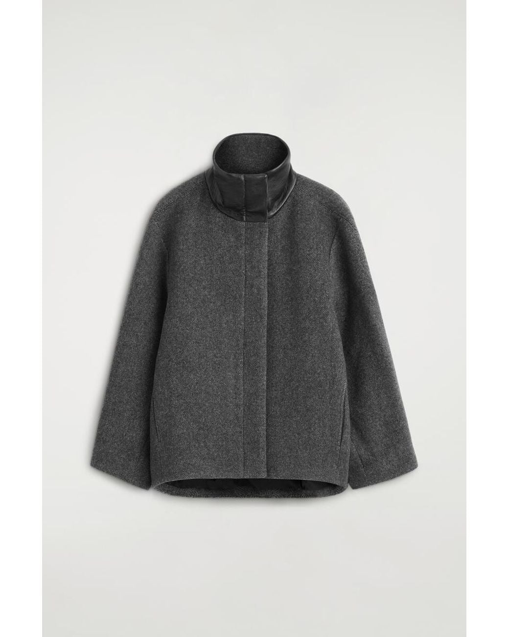 COS Black Oversized Leather-Collar Wool-Herringbone Jacket