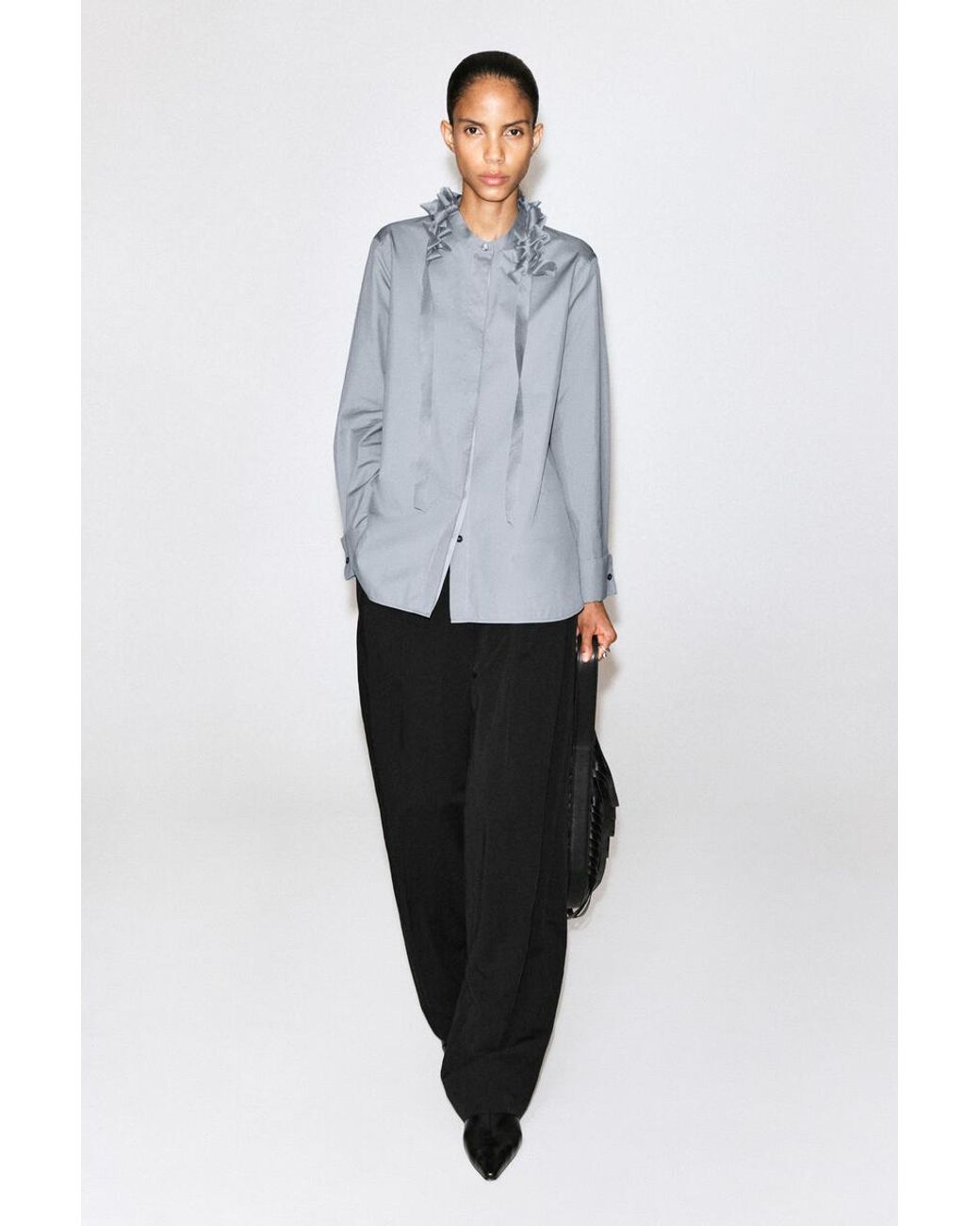 COS Gray Ruffled-Collar Cotton-Silk Shirt