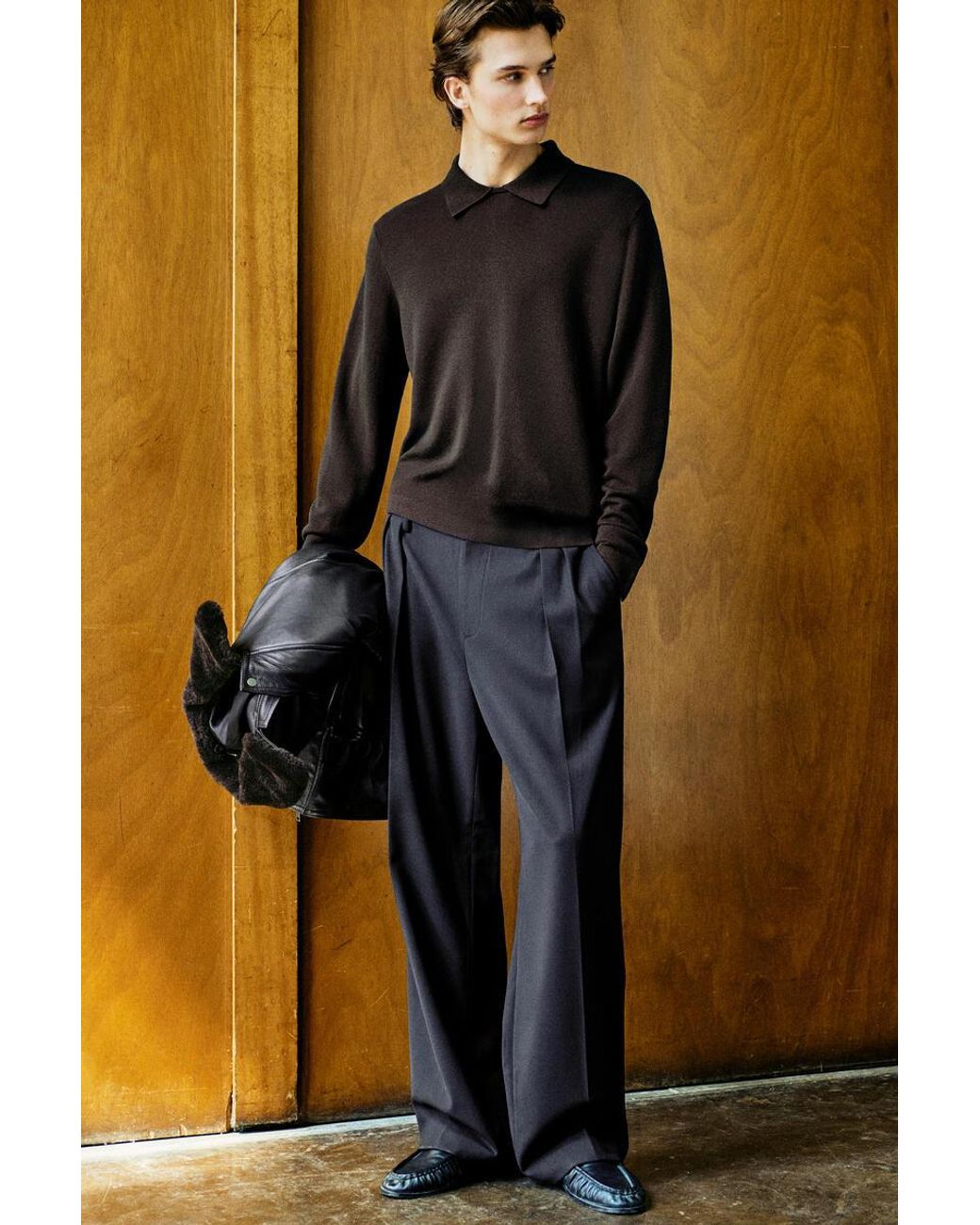 COS Black Layered-Collar Polo Sweater for men