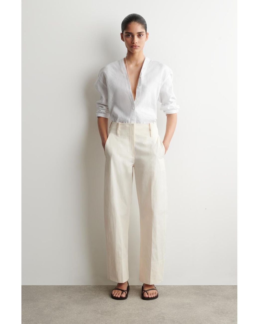 COS Blue Button-Detail Linen V-Neck Shirt
