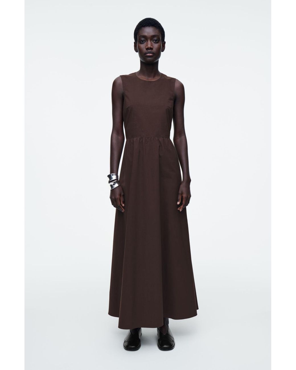 COS Open-back Cotton Maxi Dress in Brown | Lyst