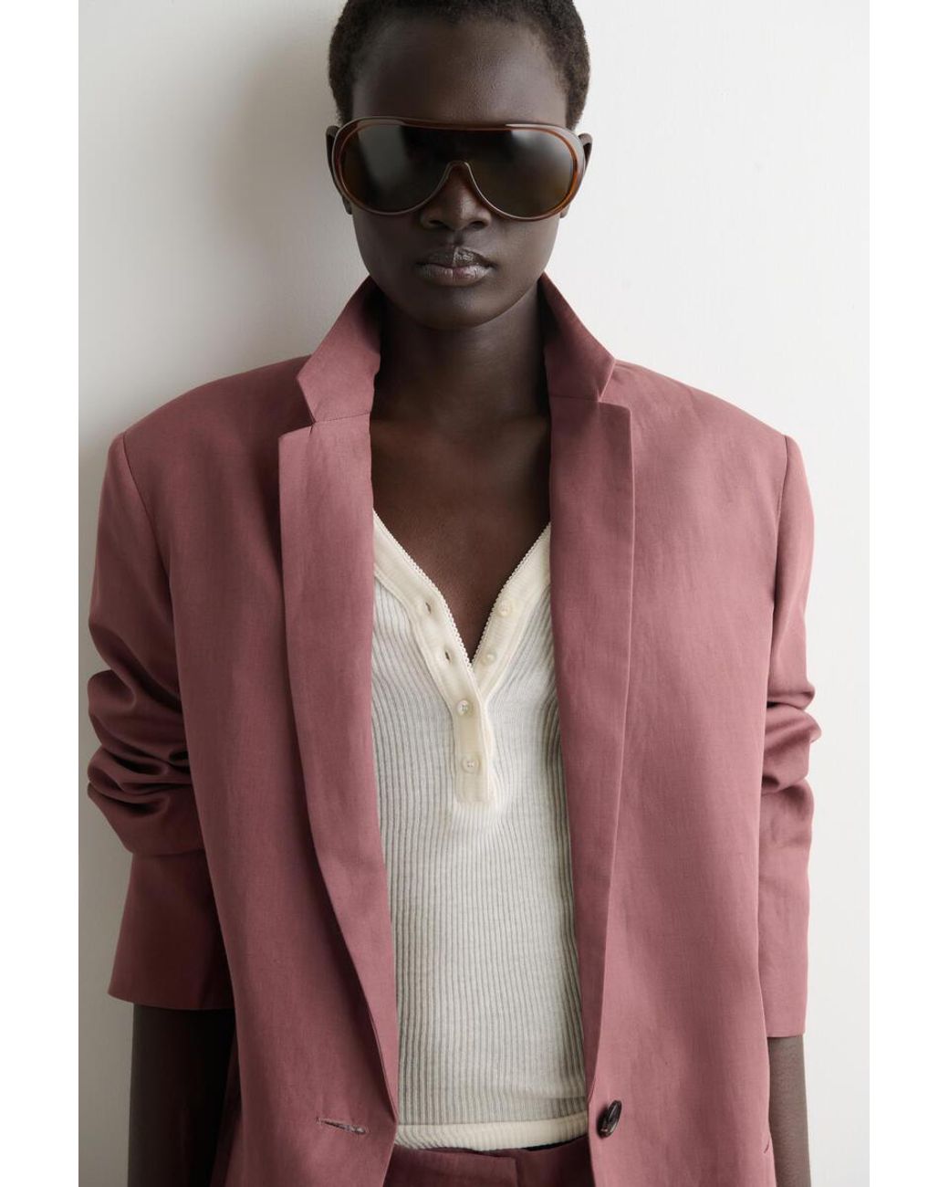COS Brown Linen-Blend Single-Breasted Blazer