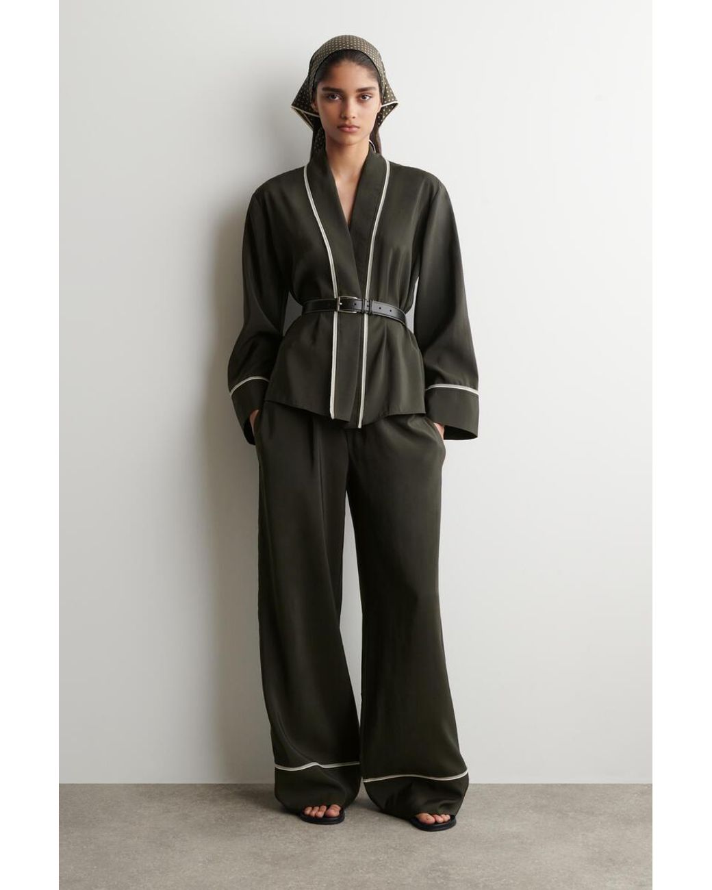 COS Black Contrast-Piped Belted Wrap Top
