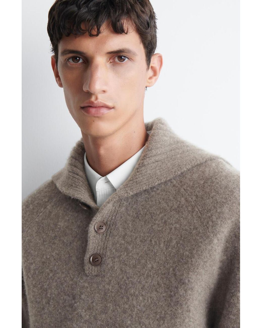 COS Brown Buttoned Pure Cashmere Funnel-Neck Jumper for men