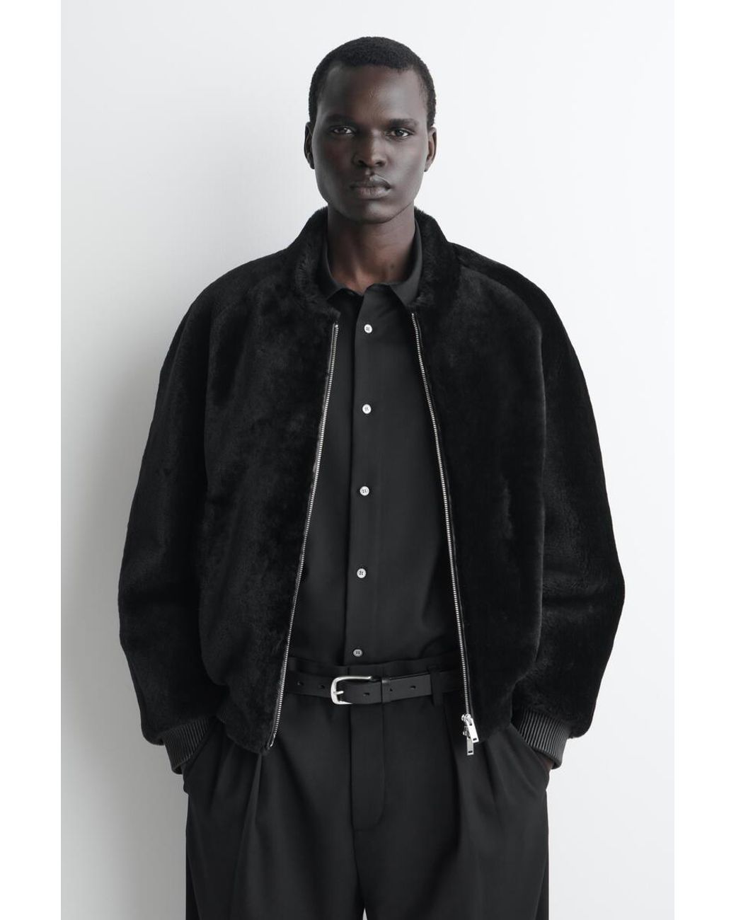 COS Black Padded Shearling Bomber Jacket for men