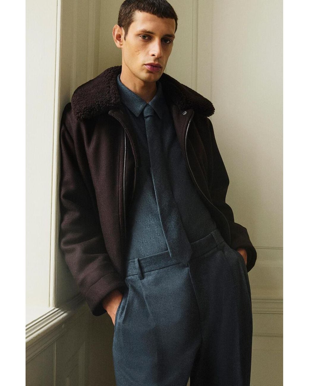COS Brown Shearling-Collar Wool Flight Jacket for men