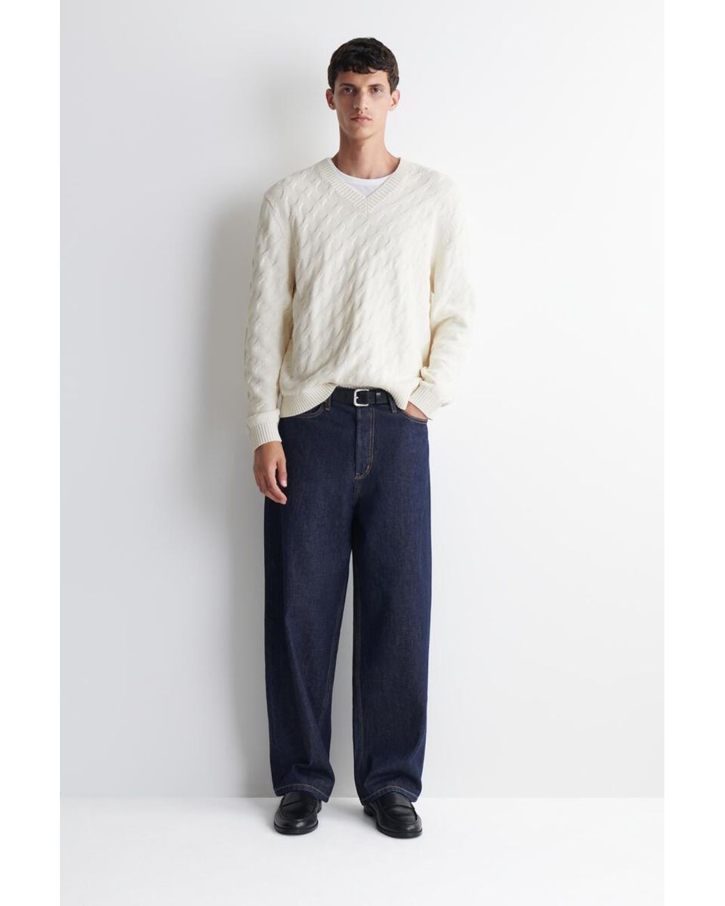 COS White Cable-Knit Cotton-Silk V-Neck Sweater for men