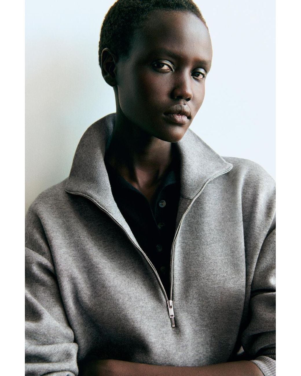 COS Gray Mock-Neck Half-Zip Knitted Sweater