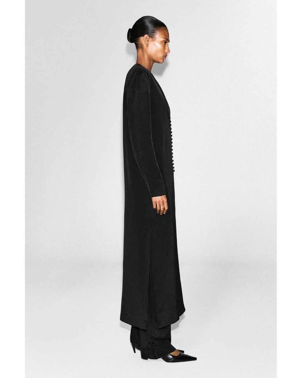 COS Black Button-Detail Silk-Crepe Long Coat